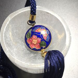 Cloisonne Floral Enamel Pendant Necklace Blue Goldtone Butterfly Flower Tassle